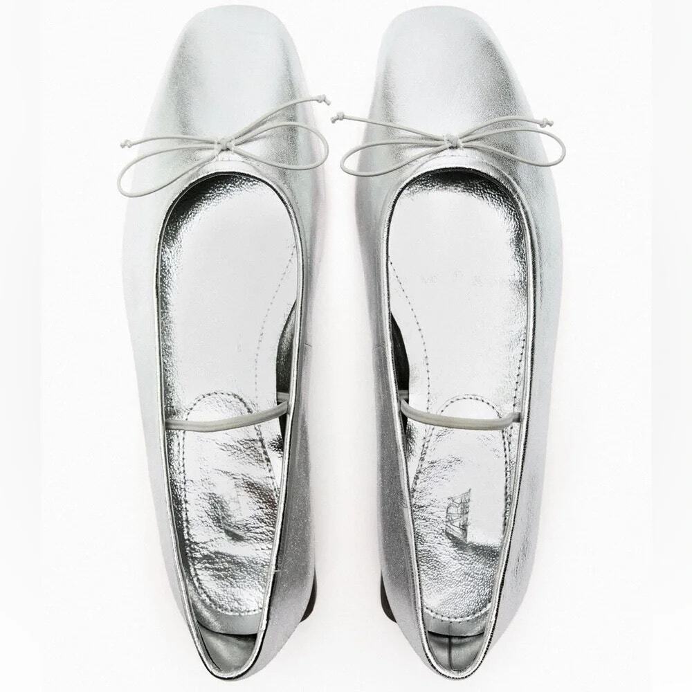 Zara Metallic Leather Ballet Flat with bow Mary Jane Strap Silver Sz 37 / 6.5